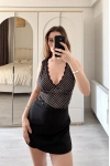 Bonny Siyah Dantel Detay Puantiyeli V Yaka Bluz