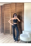 Çizgili Straplez Takım Siyah