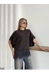 Dantel Detaylı Triko Bluz Kahve