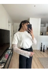 Kolları Dantel Detaylı Bluz Beyaz