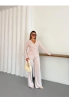Kruvaze Kesim Drape Detaylı Takım Bej