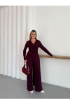 Kruvaze Kesim Drape Detaylı Takım Bordo