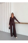 Kruvaze Kesim Drape Detaylı Takım Kahve