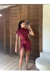 Saten Yırtmaçlı Dantelli Elbise Bordo