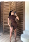 Saten Yırtmaçlı Dantelli Elbise Kahve