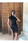 Saten Yırtmaçlı Dantelli Elbise Siyah