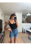 Taşlı Kot Şort Koyu Mavi