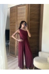 Tek Omuz Detaylı Drapeli Tulum Bordo