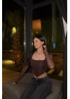 Kahve Tül Kollu Korse Bluz