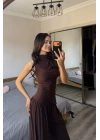 Kahve Lille Asimetrik Şalvar Takım