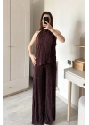 Kahverengi Piliseli Halter Yaka Takım