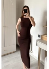 Kahve Neva Sırt Dekolteli Maxi Elbise