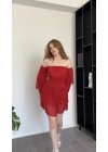 Alin Kırmızı Katlı Madonna Tül Elbise