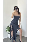Antrasit Elora Fırfırlı Straplez Elbise