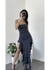 Antrasit Elora Fırfırlı Straplez Elbise