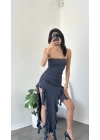 Antrasit Fırfırlı Straplez Elbise