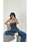 Antrasit Kai Yan Yırtmaçlı Straplez Bluz