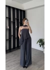 Antrasit Lina Şal Detaylı Asimetrik Straplez Takım