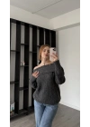 Antrasit Merana Kayık Yakalı Triko Kazak