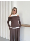 Atlet Detay Modal Bluz-Pantolon Takım Kahve