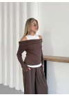 Atlet Detay Modal Bluz-Pantolon Takım Kahve