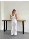 Bağlama Detaylı Denim Tulum Beyaz