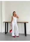 Bağlama Detaylı Denim Tulum Beyaz