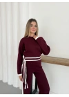 Bağlama Detaylı Triko Takım Bordo