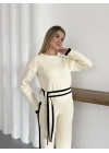 Bağlama Detaylı Triko Takım Bej