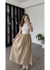 Bej Dora Kemerli Poplin Elbise