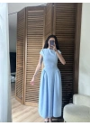 Bel Büzgü Detaylı Maxi Elbise Mavi