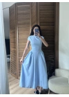 Bel Büzgü Detaylı Maxi Elbise Mavi