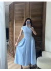 Bel Büzgü Detaylı Maxi Elbise Mavi
