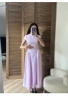 Bel Büzgü Detaylı Maxi Elbise Pembe