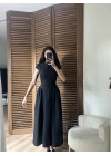 Bel Büzgü Detaylı Maxi Elbise Siyah
