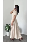 Bella Krem Kare Yakalı Maxi Elbise