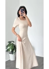 Bella Krem Kare Yakalı Maxi Elbise