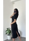 Zeyn Siyah Kısa Kollu Kemer Detay Kalem Elbise