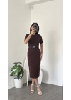 Zeyn Kahve Kısa Kollu Kemer Detay Kalem Elbise