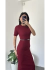 Zeyn Bordo Kısa Kollu Kemer Detay Kalem Elbise