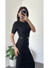 Zeyn Siyah Kısa Kollu Kemer Detay Kalem Elbise