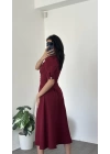 Sofia Bordo Düğmeli Gömlek Yaka Balon Kol Elbise