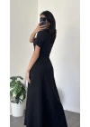 Bella Siyah Kare Yakalı Maxi Elbise