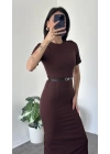 Zeyn Kahve Kısa Kollu Kemer Detay Kalem Elbise