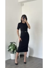 Zeyn Siyah Kısa Kollu Kemer Detay Kalem Elbise