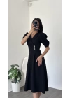 Sofia Siyah Düğmeli Gömlek Yaka Balon Kol Elbise