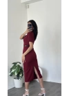 Zeyn Bordo Kısa Kollu Kemer Detay Kalem Elbise