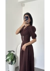 Sofia Kahve Düğmeli Gömlek Yaka Balon Kol Elbise