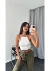 Beyaz Boncuk Detaylı Dokulu Halter Crop