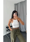 Beyaz Boncuk Detaylı Dokulu Halter Crop